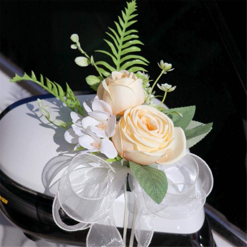 Elegant Blue Bridal Car Mirror Plant Ornament Synthetic Cloth Arrangement For Outdoor Wedding Event