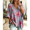 Women's Printed V-neck Short-sleeved, Casual Loose-fitting Dropped Shoulder Mid-sleeve T-shirt, Large Size
