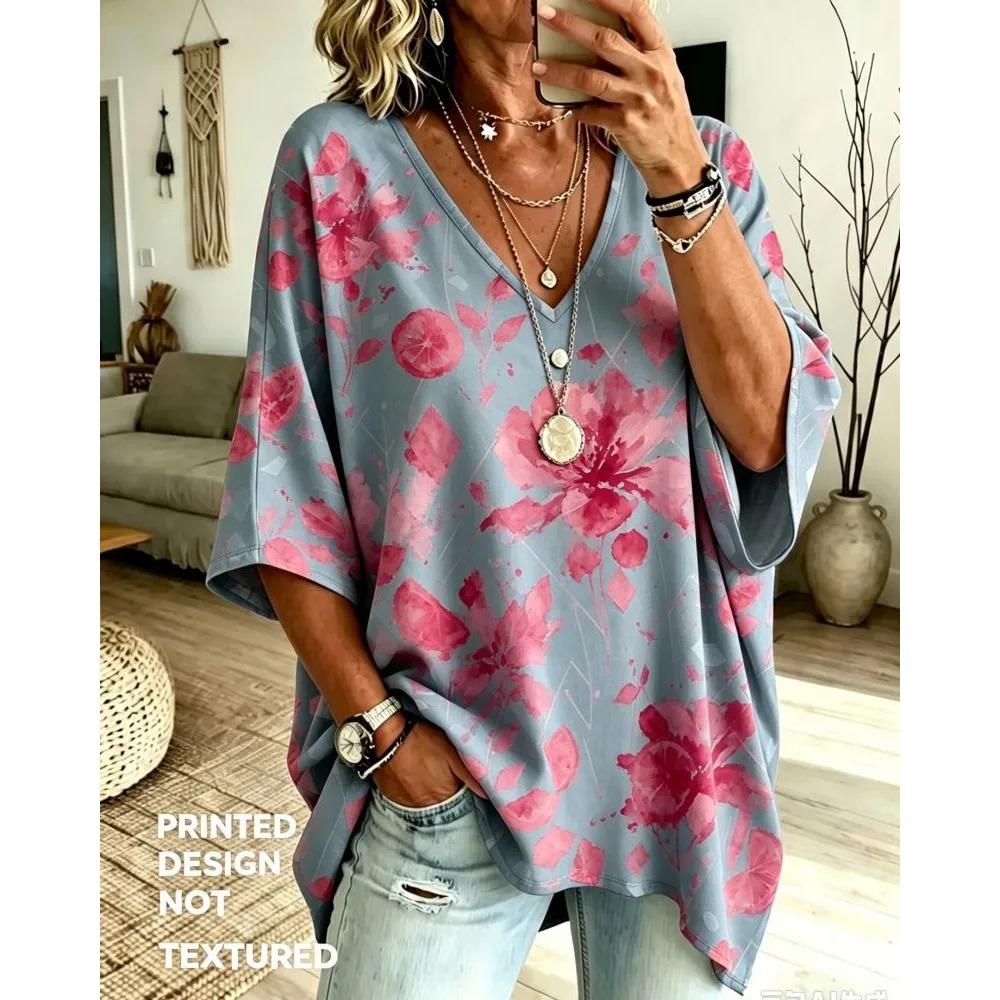 Women's Printed V-neck Short-sleeved, Casual Loose-fitting Dropped Shoulder Mid-sleeve T-shirt, Large Size