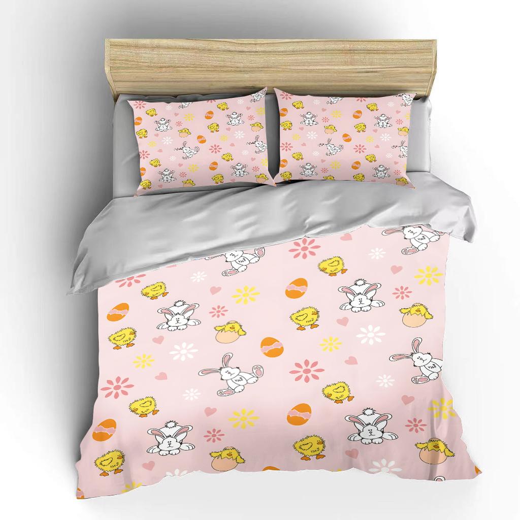 Cartoon bunny and chick Easter eggs Print Bedding Set 1 Duvet Cover 2 Pillowcases for Adult and Children Luxury Gift Full Size
