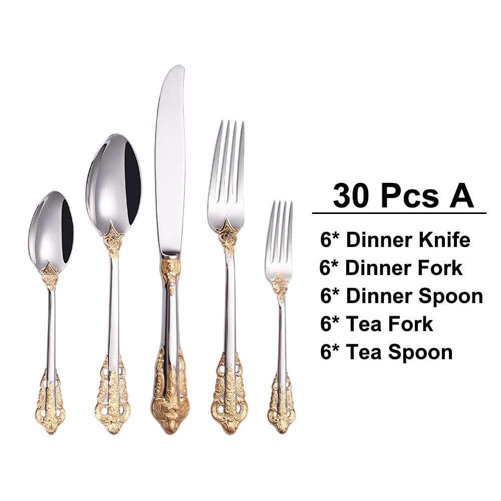 30 Pieces Gold Plated Luxury Cutlery Set Stainless Steel Vintage Western Tableware Sliver Knife Spoon Fork Set Kitchen Utensils