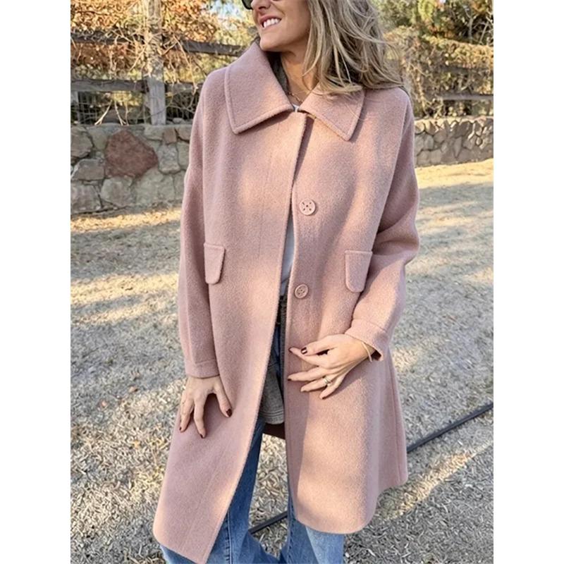 Autumn and Winter New Solid Color Casual Single-breasted Woolen Jacket Coat Women