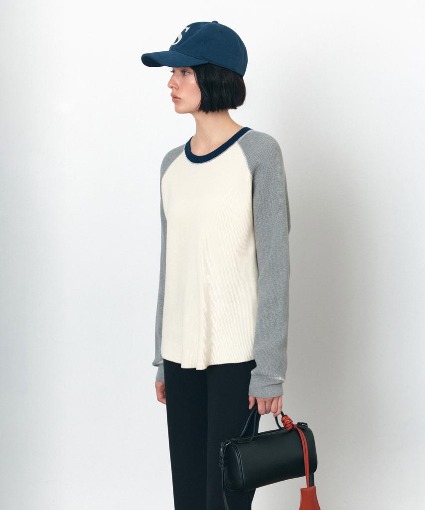 Siyajyu Sikn2176 Waffle Raglan Color Block Knit_Mix Cream