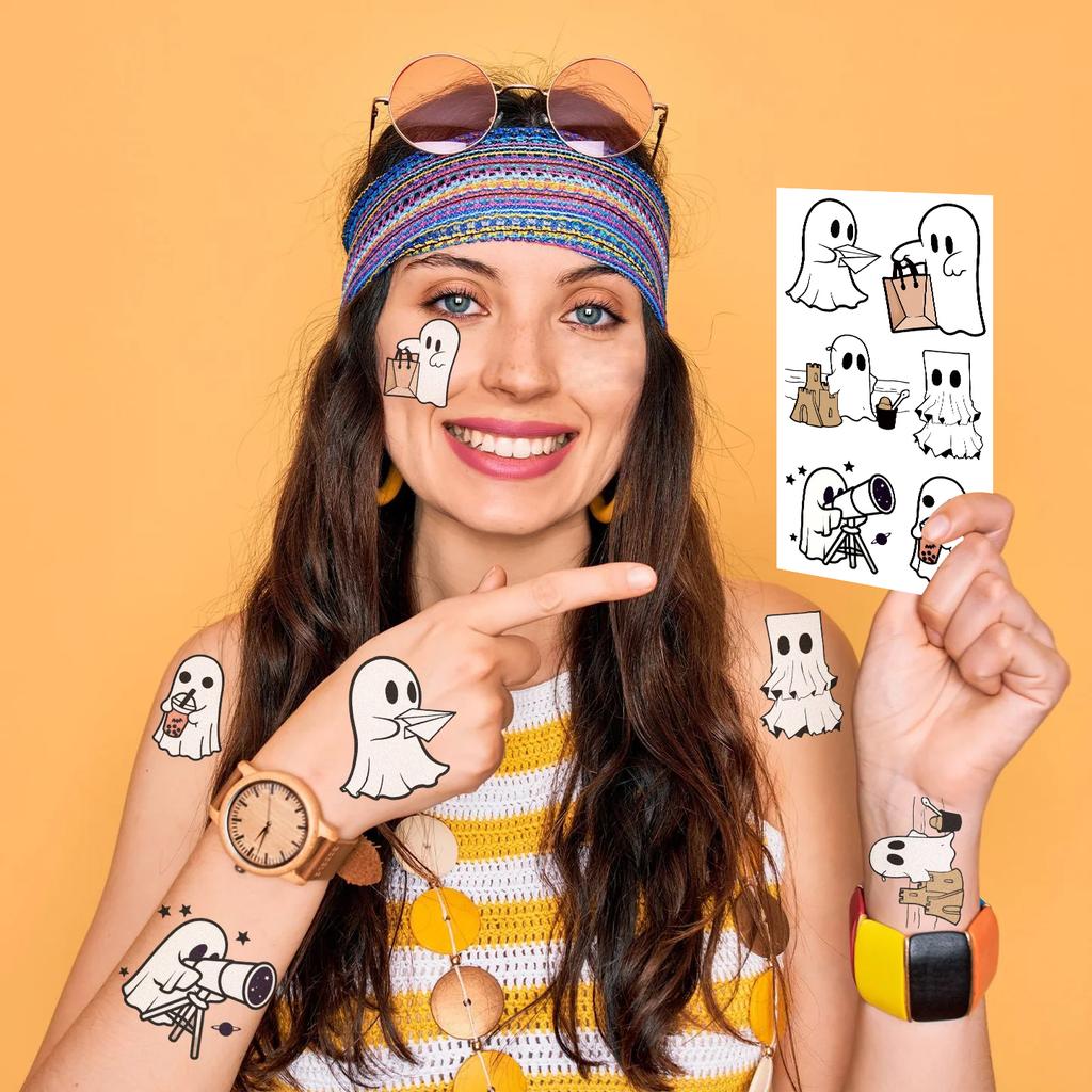 10Pcs Halloween Cute Ghost Temporary Tattoo Stickers Cartoon Horror Tattoos Stickers Waterproof Funny Decals For Kids Gift