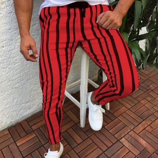 Pantaloni Skinny Bărbați Casual cu Dungă Verticală Talie Elastică Buzunare Lung