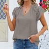 Spring Summer Solid Color Tie V-neck Pleated Blouse Casual Bandage Ruffles Short Sleeve Women's Top