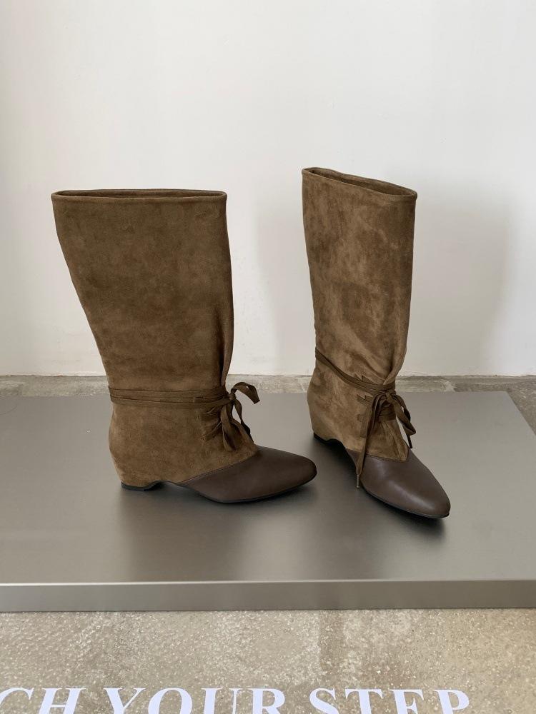 Retro pointed lace-up stacking boots women's autumn new thin mid-tube cowboy boots but knee knight boots