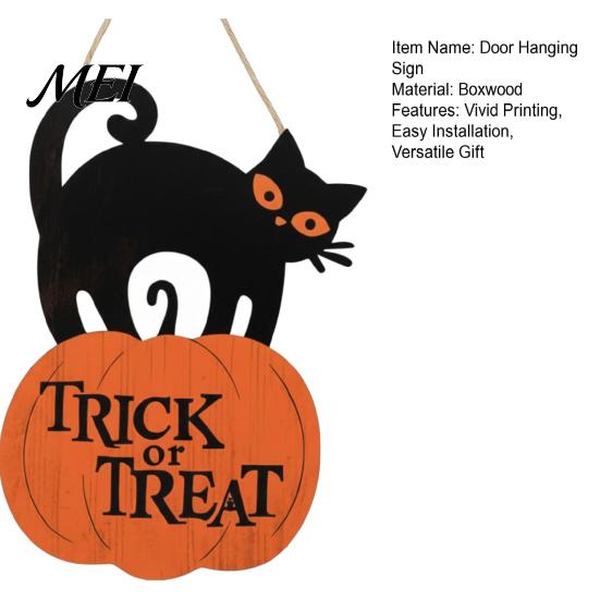 Rustic Farmhouse Wall Art Halloween Wooden Door Sign, Black Cat And Pumpkin Plaque, Boxwood Material Decor Hanging for Holiday Party Indoor Outdoor