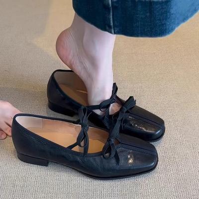 French Square Head Retro Bow Mary Jane Shoes Women's 2025 Spring New Shallow Mouth One Pedal Ballet Shoes
