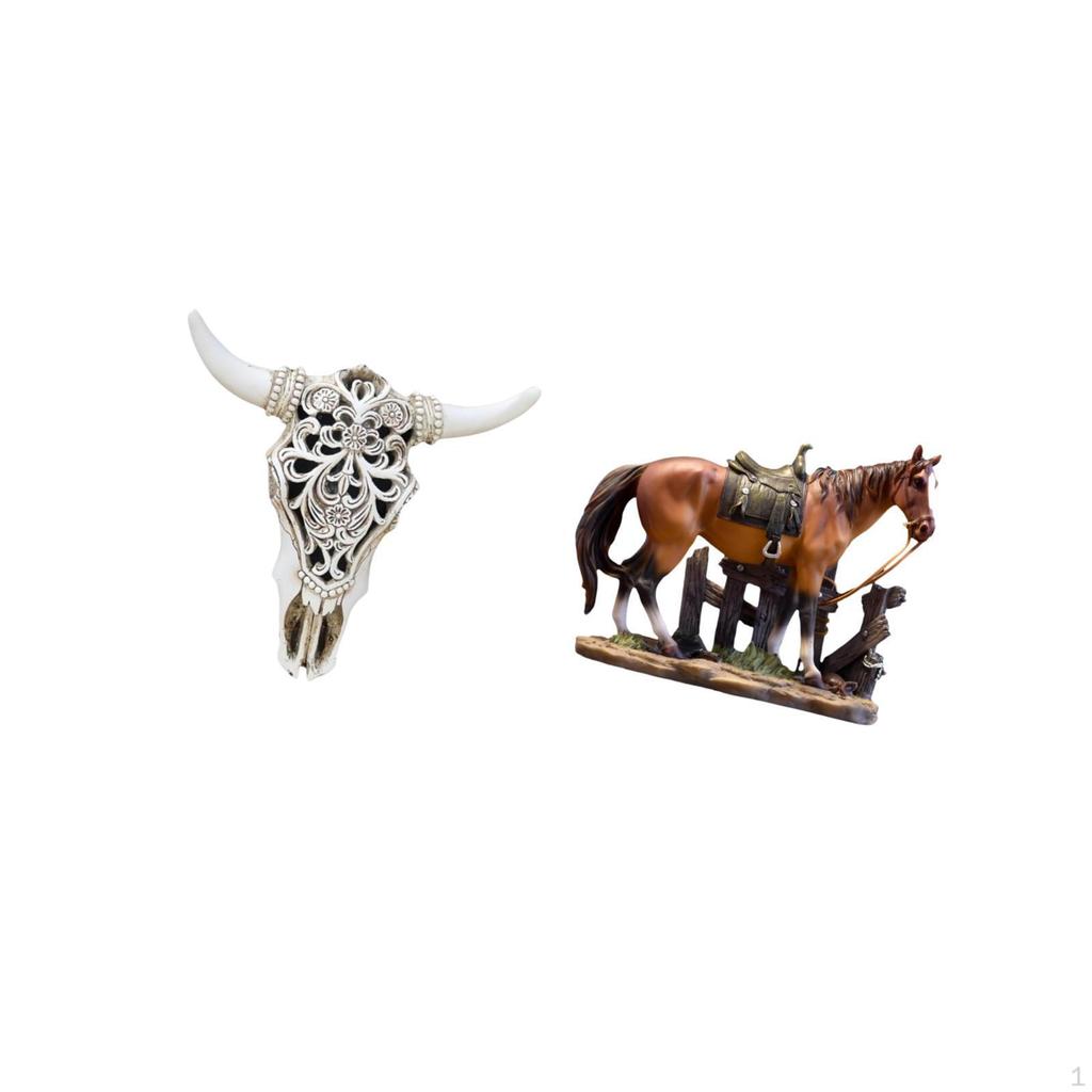 Tribal Bull Head Sculpture And Horse Figurine Wall Hanging Art Ornament for Office Farmhouse Bedroom