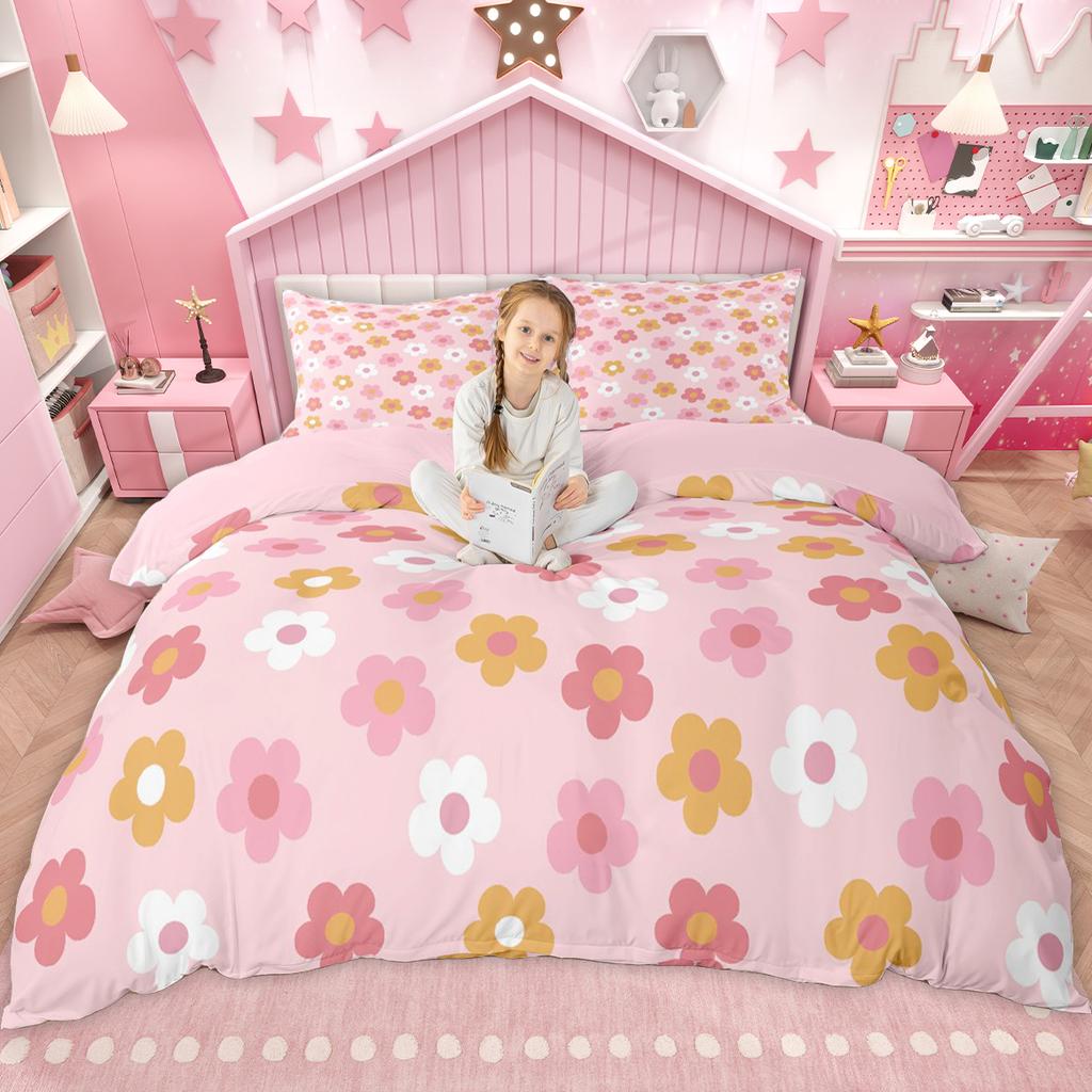 Homewish Cute Groovy Floral Duvet Cover Set for Girls, Vintage Butterfly Flower Bedding Set, Cartoon Blossom Comforter Cover Set