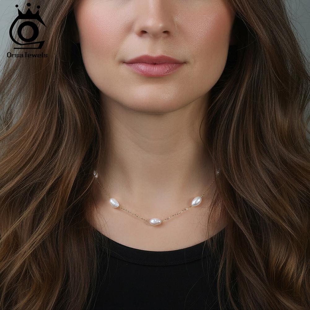 ORSA JEWELS 14K Gold 925 Sterling Silver Pearl Choker Necklace with 7-8mm Handmade Baroque Pearl Tiny Chain for Women GPN97