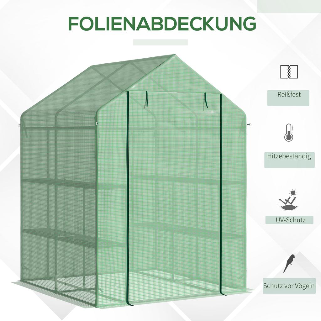 Foil Greenhouse Walk-In Greenhouse with 8 Shelf Levels Tomato Greenhouse Hothouse Cold Frame with Door Green Steel PE Plastic 143 X 138 X 190 Cm