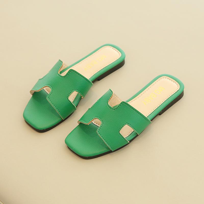 

Сандалии для девочек цвета конфет, лето 2024 г.: Детские тапочки в корейском стиле с мягкой подошвой 26-30 зелёный