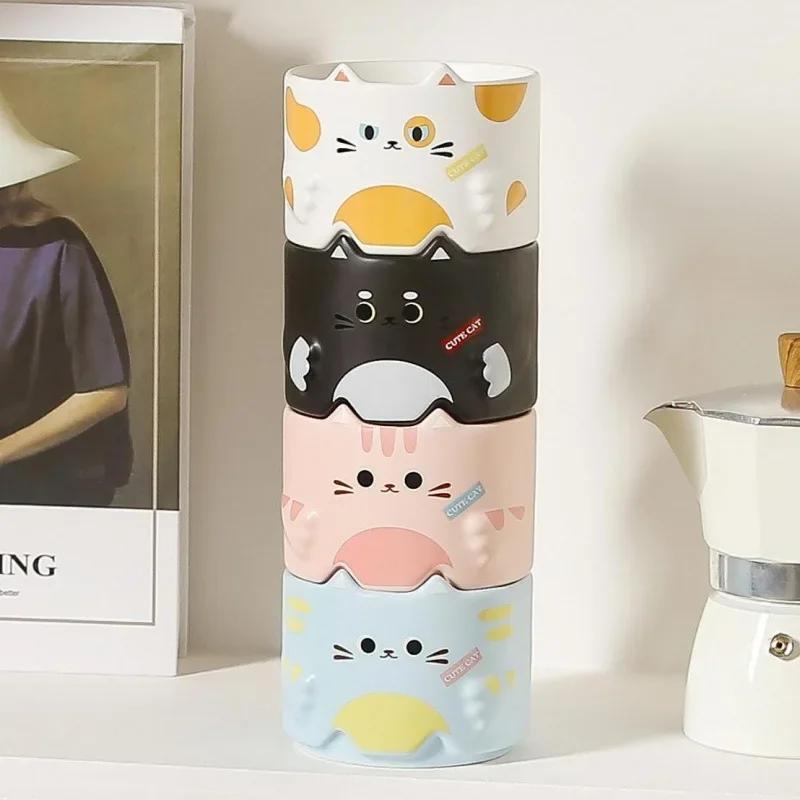 Cute Cat Mug with Handle Funny Cartoon Cat Designs Stackable Coffee Cup Milk Mug Gifts for Cat Enthusiasts Children