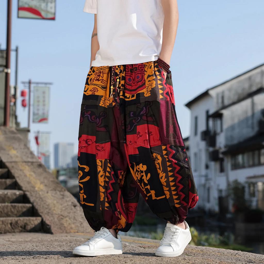 Chinese Style Men Thai Elephant Beach Pants 2026 Spring Summer Men Retro Cotton Trousers Harlan Straight Leg Mid Waist Pants