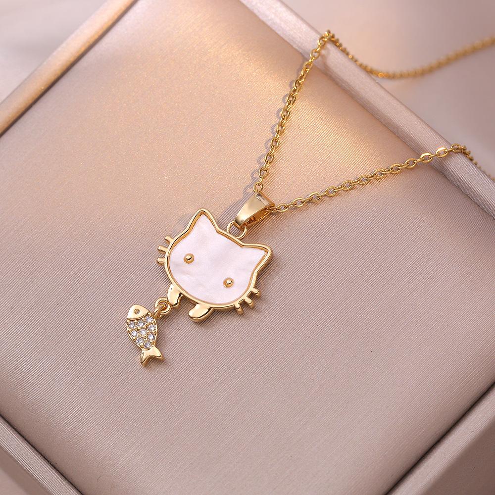 Cartoon Cute Shell Zircon Kitten Fishing Pendant Necklaces for Women Stainless Steel Chain Cat Accessories Gifts for Friends