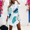 Women Plus Size Collared Long Sleeve Printed Button Front Curved Hem Shirt Dress