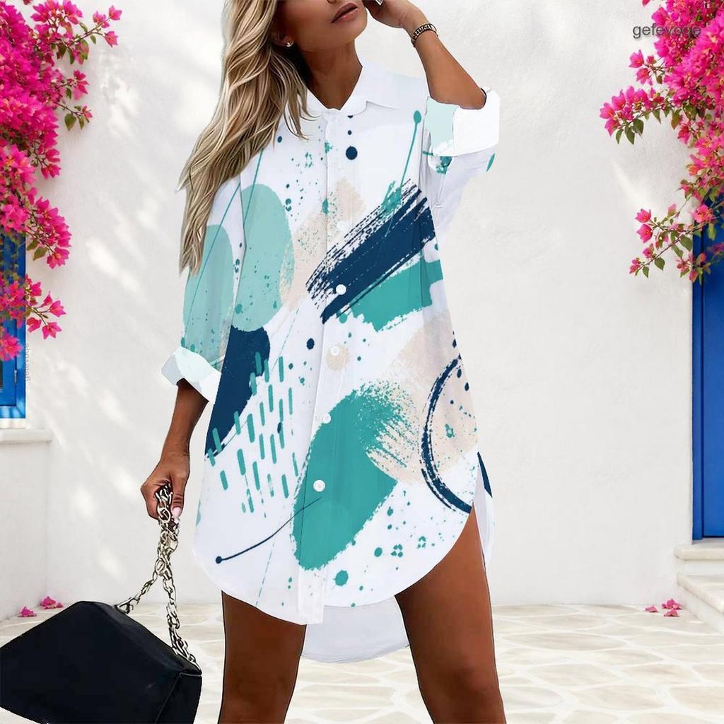 Women Plus Size Collared Long Sleeve Printed Button Front Curved Hem Shirt Dress