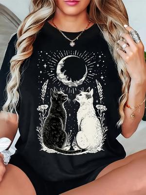 Cat Moon Graphic Tee Print T-Shirt Women's Crewneck Casual Short Sleeve T-Shirt Summer Harajuku Streetwear Tops Fashion Tees