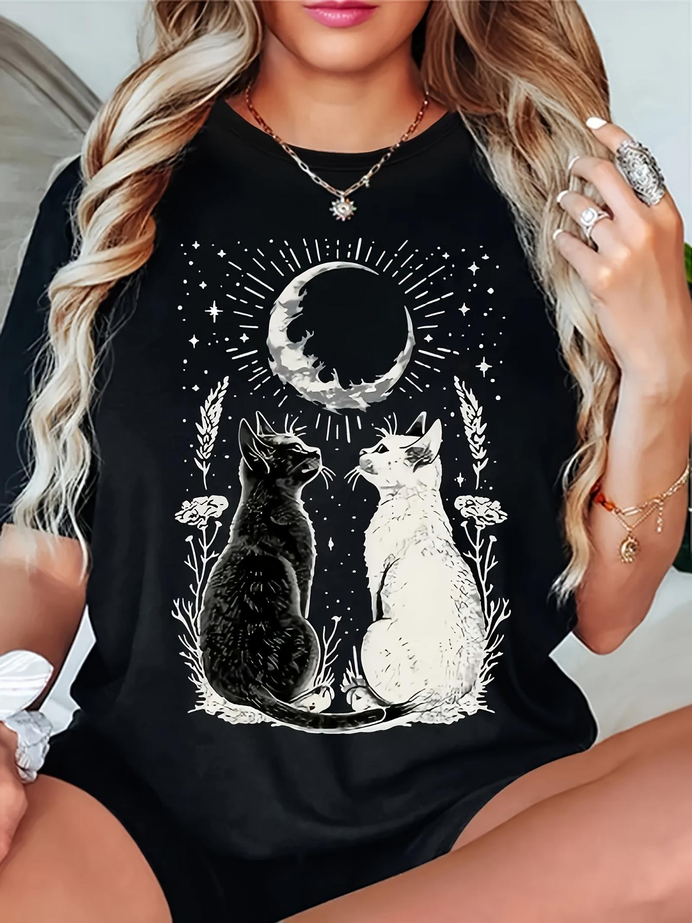 

Cat Moon Graphic Print TShirt Womens Crewneck Casual Sleeve TShirt Summer Harajuku Streetwear Tops Fashion Aesthetic Clothes S