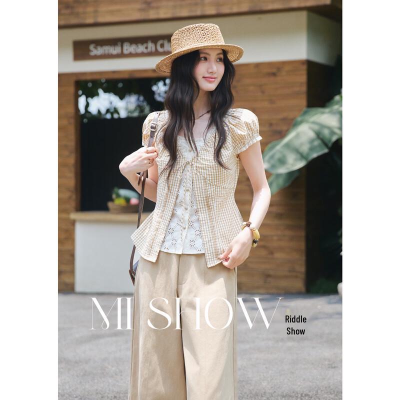 Mishow Retro Plaid V-Neck Lace-Up Blouse S