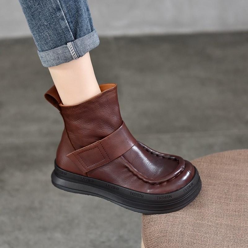 Johnature Vintage Genuine Leather Handmade Shoes Round Toe Short Boots Casual Versatile Women's Shoes