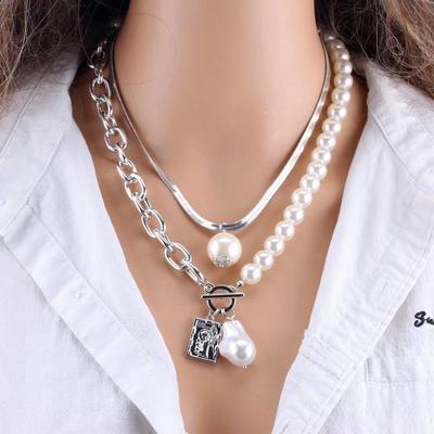 Retro Snake Chain Baroque Pearl  Square Necklace Set For Women