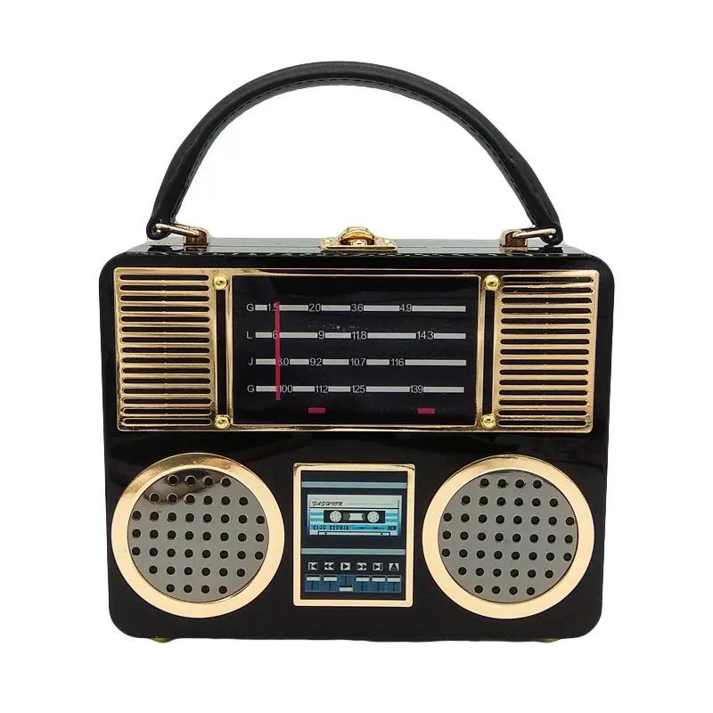 

Boutique De FGG Retro Radio Case Box Clutch Black Acrylic Women Fashion Evening Party Totes Purse Shoulder Handbag Crossbody Bag (20cm Max Length 30cm)