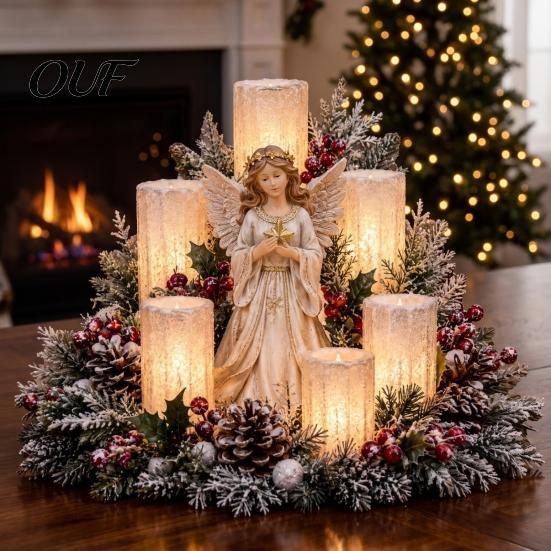 Holiday Gift for Her Christmas LED Candle Centerpiece with Artificial Cedar Pine Cones And Red Berries, Mantel Decorations Flameless Winter