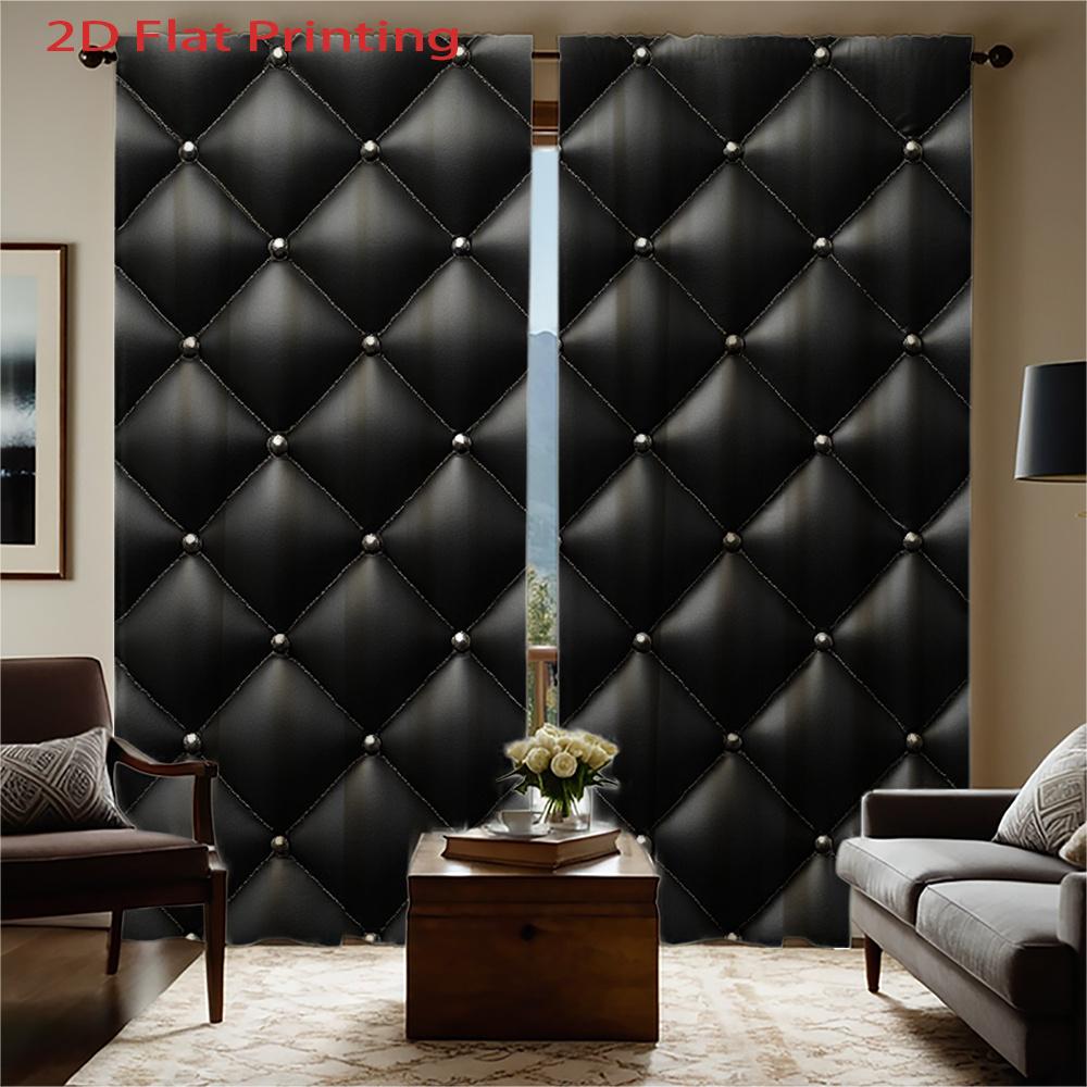 Set Of 2 Black Quilted Leather Curtains Stud Detail Flat Print Semi Transparent Polyester Living Room Bedroom Decor Curtain With Rod Pocket Perfect