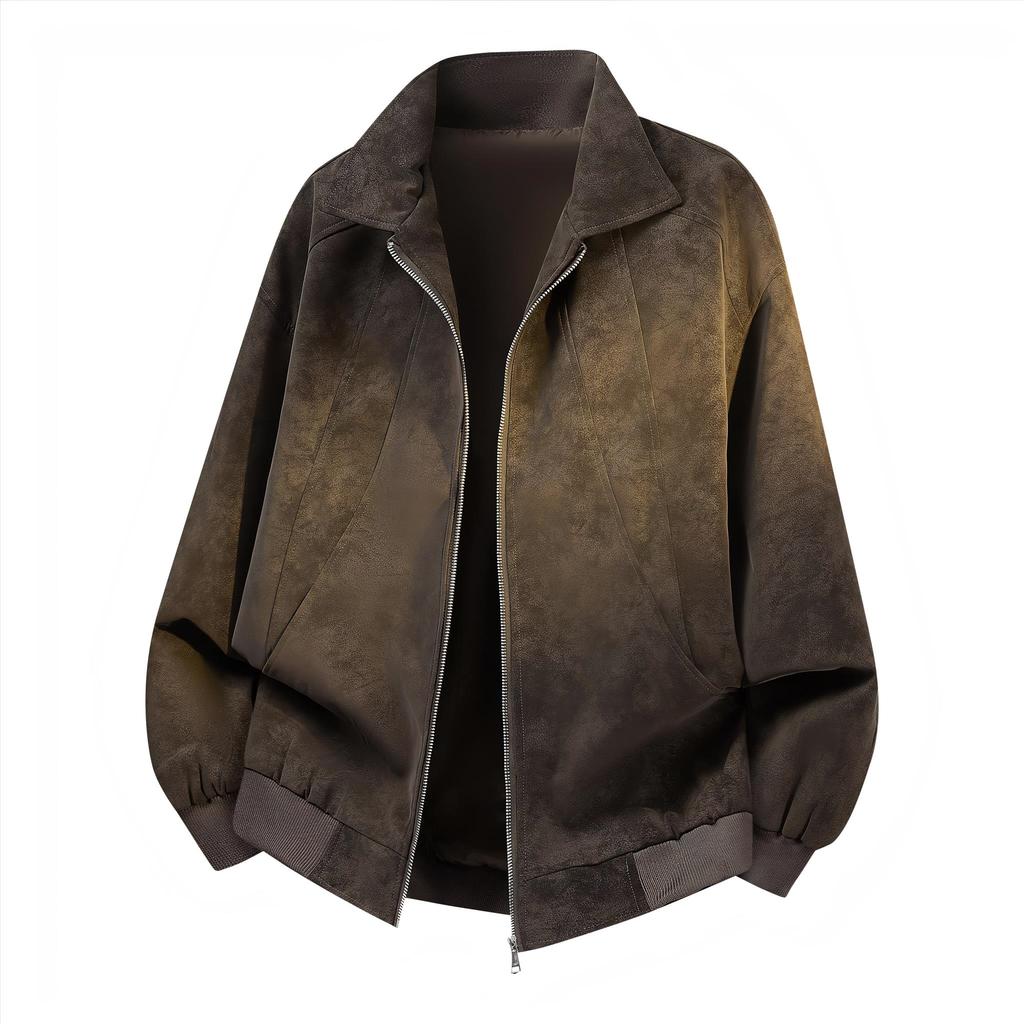 Leather Jacket Men's Workwear Leather Jacket Lapel Casual Solid Color Textured Leather Jacket