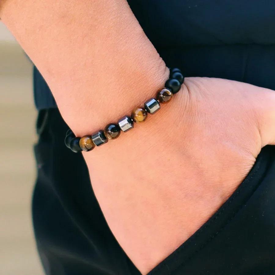 Unique Natural Colourful Stone Bracelet Men 8mm Howlite Tiger Eyes Hematite Beads Energy Bangles Meditation Leisure Homme Joias
