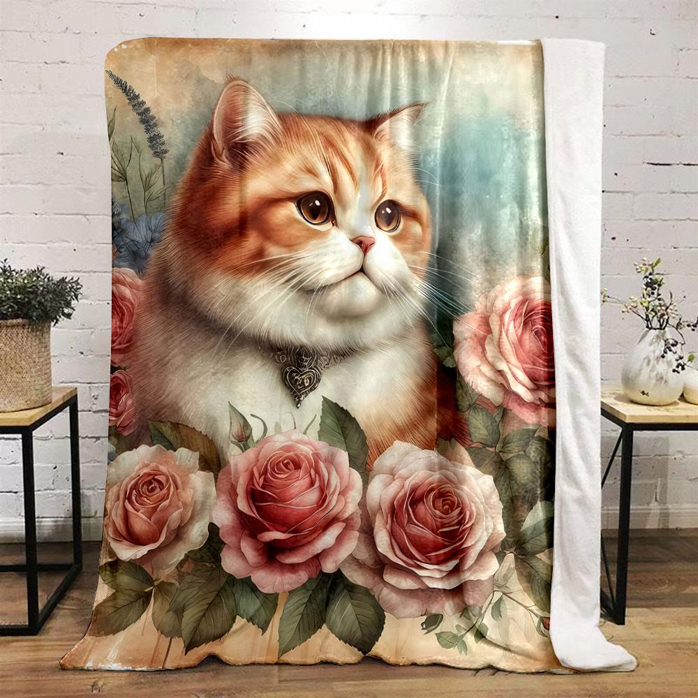 Fluffy Cat Pink Roses Vintage Style Bedroom Blanket for Livingroom Couch Lunch Break Soft Throw for Friend's Festival Gift
