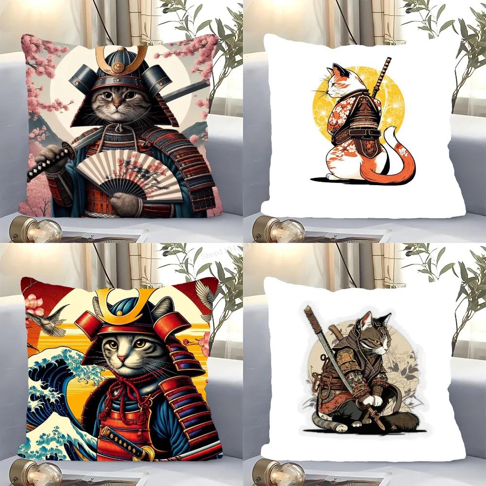 1pc Japanese Tattoo Samurai Cat Pillow Case Square Bedroom Sofa Leisure Comfort Cushion Car Living Room Home Decoration