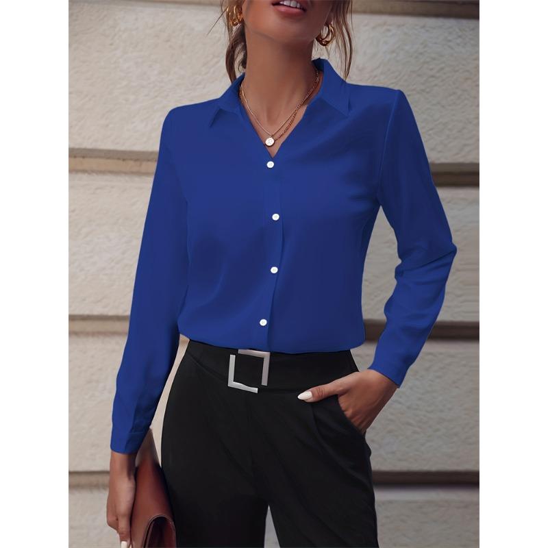 Chemise Femme Tempérament Décontractée Ample Confortable Bouton Revers Mode Chemise Couleur Unie Manches Longues Chemise de Bureau Femme