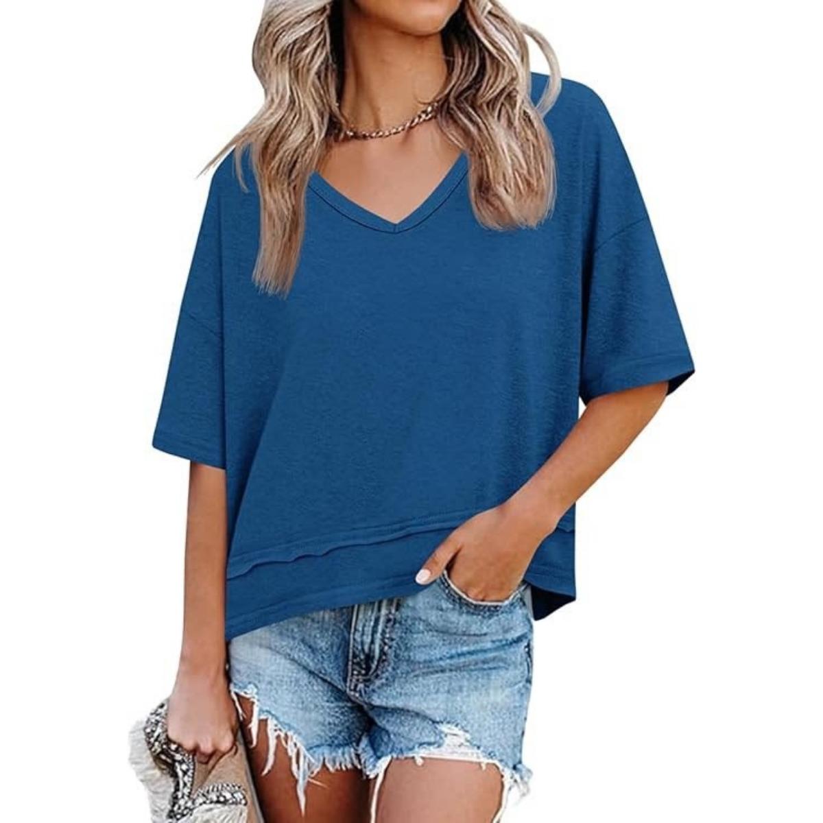 

Summer New Women s Fashion Loose V-Neck Short Sleeve Solid Color Patchwork T-Shirt Top, European American Style Crossborder XXL синій