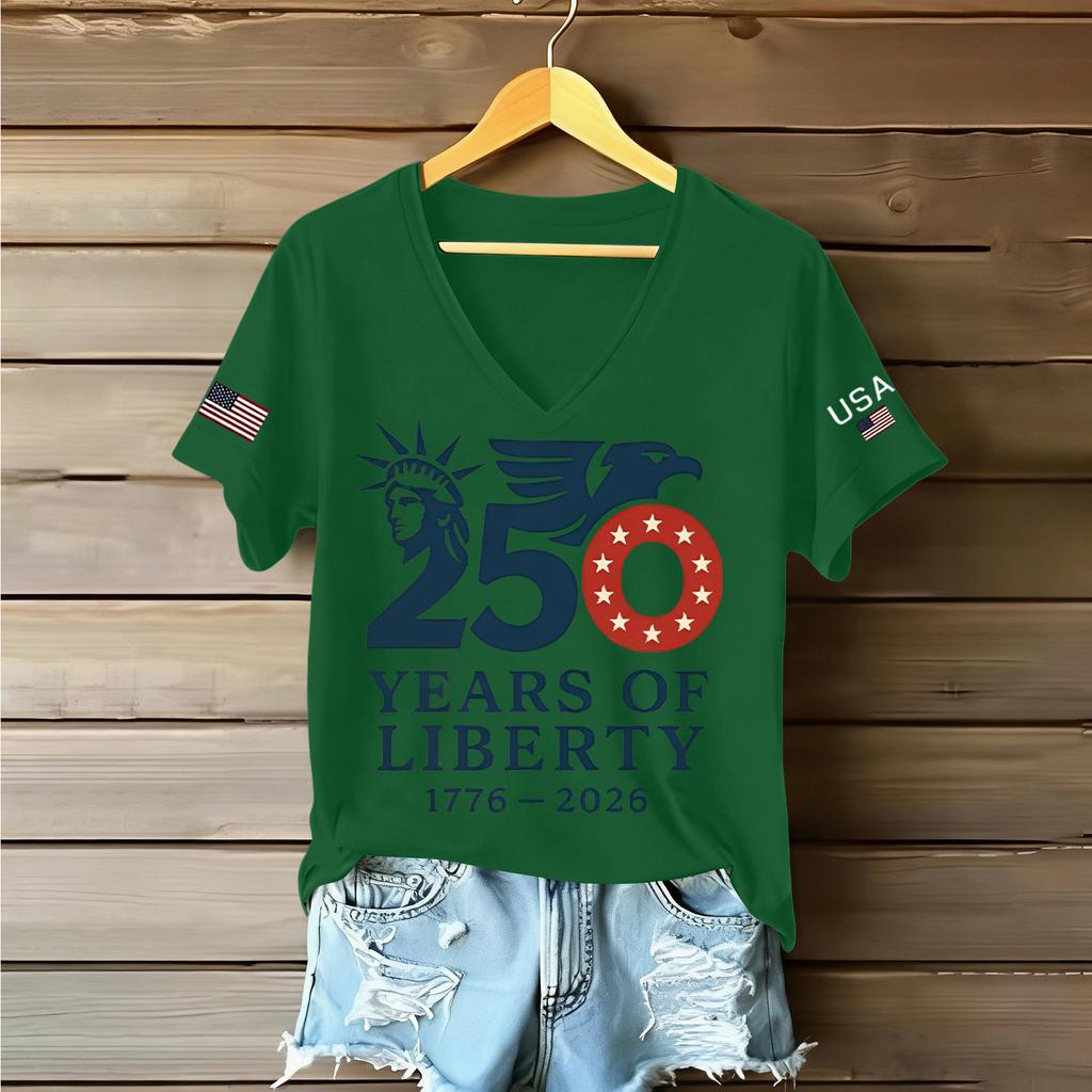 Women’s Fashion V Neck Short Sleeve Tee Casual Letter Print Top 250 Years of 1776 2026 Anniversary Shirt