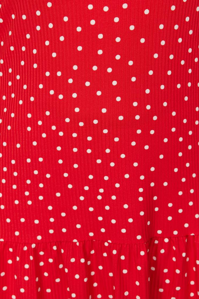 Women's Style Plus Size Red Polka Dot Printed Zero Sleeve Flounced Shift Plain Mini Flexible Knitted Dress