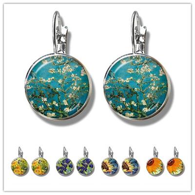 Van Gogh Sunflowers Art Vintage Solver-plated Earrings Glass Cabochon Dome Stud Earrings Zircon For Women Girls Gift