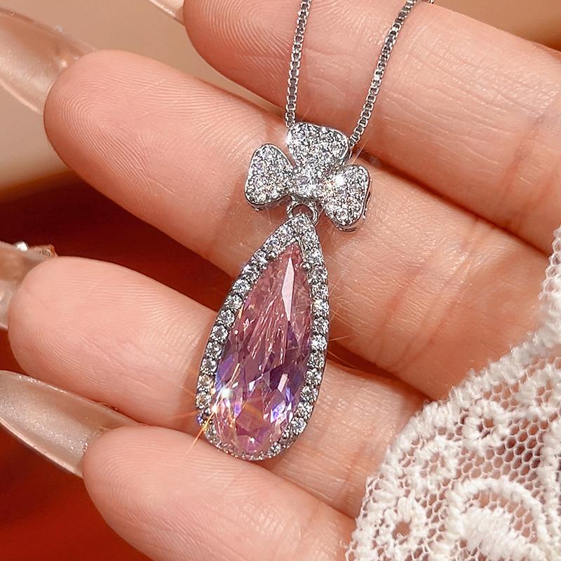 Accessories Set Earrings Necklace Pink Zirconium Paraiba Emerald Droplet Female Light Luxury