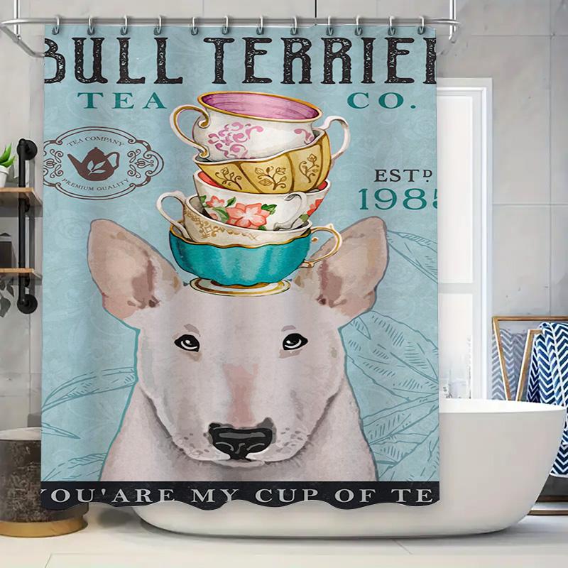 

Bull Terrier Tea Set Shower Curtain Blue Print Pet Lover Decorative Bathroom Accessories Unframed Wall Art Poster Canvas Prints W60H190(CM)-1 Pcs