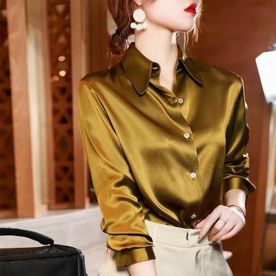 Women Shirt Elegant Office Button Up Long Sleeve Shirts Momi Silk Crepe Satin Blouses Business Ladies Top