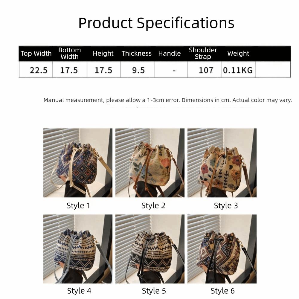 Modische Leinenstoff Eimer Tasche Blumenmuster Verstellbarer Kordelzug Schultertasche Ethnischer Stil Umhängetasche Damenmode