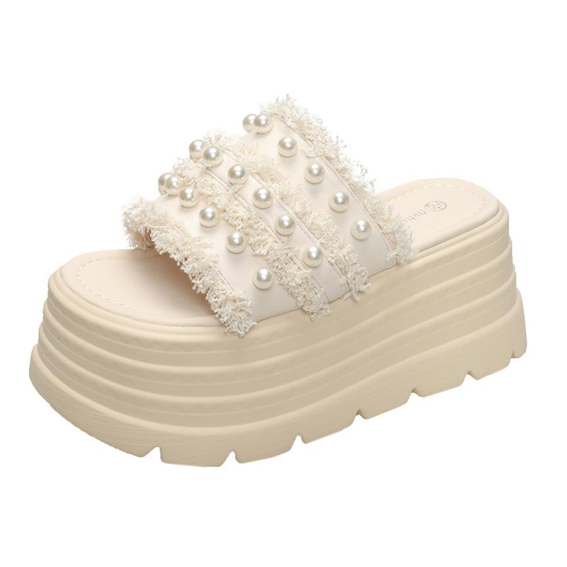 2025 Summer Xiaoxiangfeng One-word Pearl Simple Fairy Style Flat Bottom Versatile Soft Bottom Heightened Thick Bottom Outer Slippers