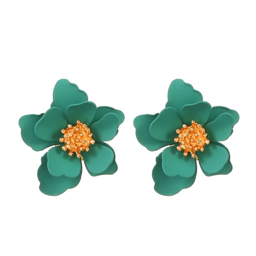 Matte Pink Layered Flower Stud Earrings Sparkly Bead Center Three Dimensional Floral Ear Jewelry for Women Summer Daily Wear