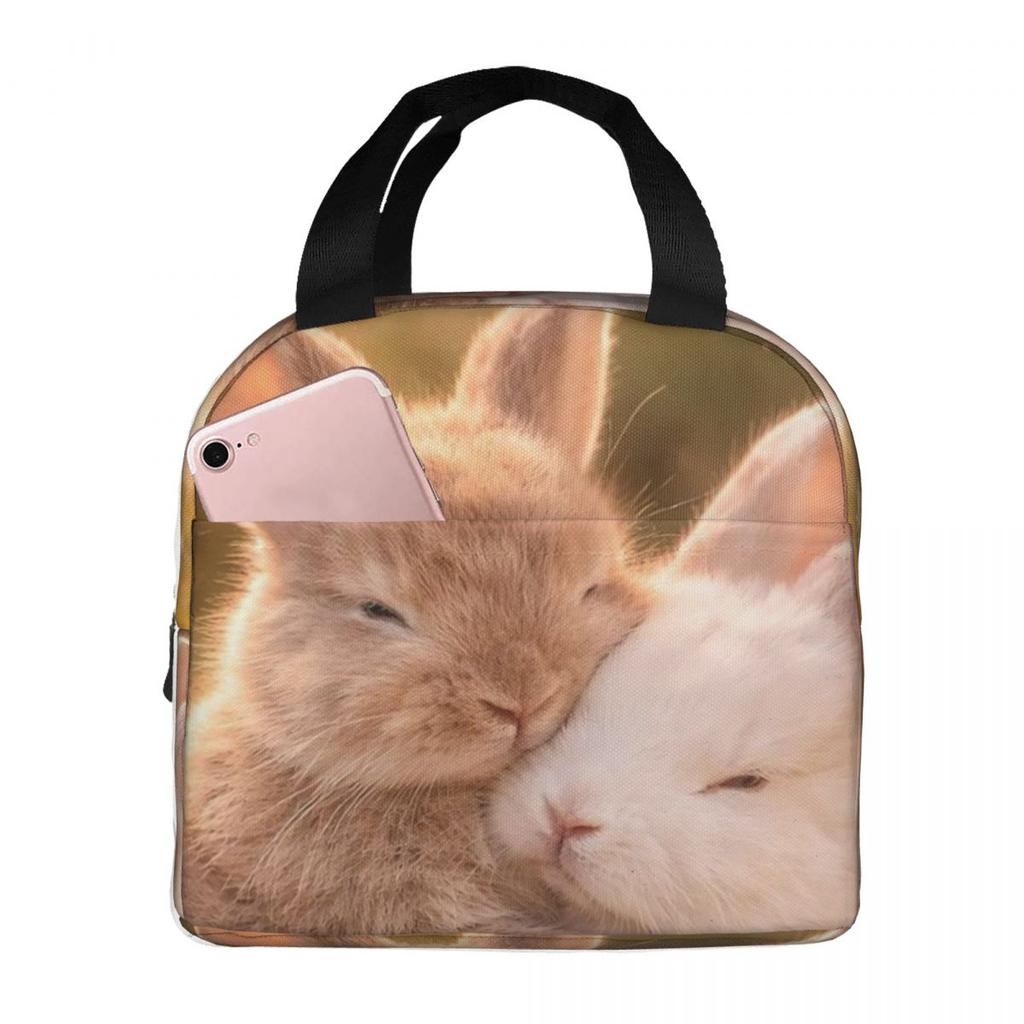 Cute Cartoon Two Little White Rabbits Insulated Lunch Bag for Women Children Leakproof Food Boxes Thermal Lunch Box Tote