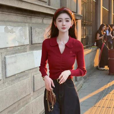 V-neck Red Knitted Sweater Women's New Autumn Casual Versatile and Thin Senior Sense Super Good-looking