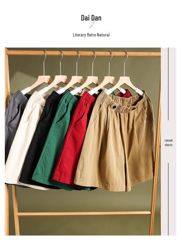 Women's Plus Size Retro Wide Leg Cotton Shorts - Elastic Waist, Loose Fit, Solid Colors, Five-Point Length