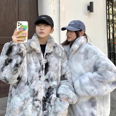 2 New Autumn and Winter Couples Wear Imitation Fur Jacket Fashion Tie-dye Thickened Cotton-padded Clothes Men's and Women's Jackets Loose